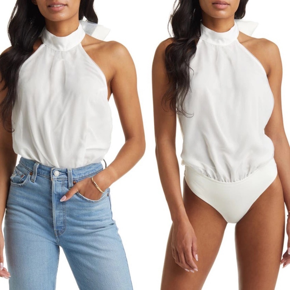 Vici Organza Halter Bodysuit White Tie Neck Billowy Size Medium Drape Back Tie M
